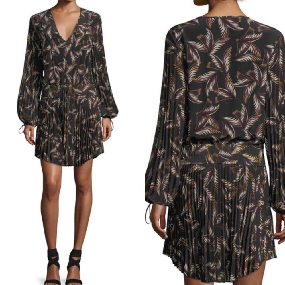 ALC - A.L.C. 100% Silk Rory V-Neck Split-Sleeve Pleated Dress Palm Fronds size 2